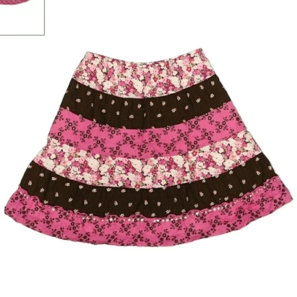 👗 Justice Color Block Skirt Pink Brown Girl's Size 10 Sequins Eyelet Embroidery